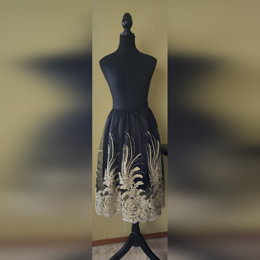 Gold Embroidery Applique Midi Tule Dress